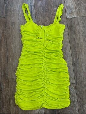 Zara Ruched Lime Green Spaghetti Strap Mini Dress small keyhole
